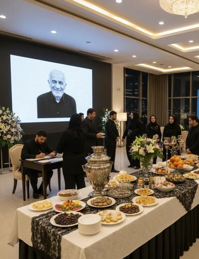 سالن برگزاری مراسم ختم و ترحیم در تهران - نوا آرا | خدمات پذیرایی، دکوراسیون متین و چیدمان محترمانه مجالس ترحیم